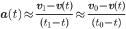 \displaystyle\mathbf{a}(t)\approx\frac{\mathbf{v}_{1}-\mathbf{v}(t)}{(t_{1}-t)}\approx\frac{\mathbf{v}_{0}-\mathbf{v}(t)}{(t_{0}-t)}